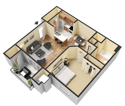 Floor plan for 1 bed, 1 bath, 775 sqft